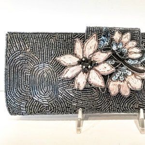 VTG Hand beaded Evening Bag Clutch HEMETITE w/ Embroidered Applique Fully Beaded